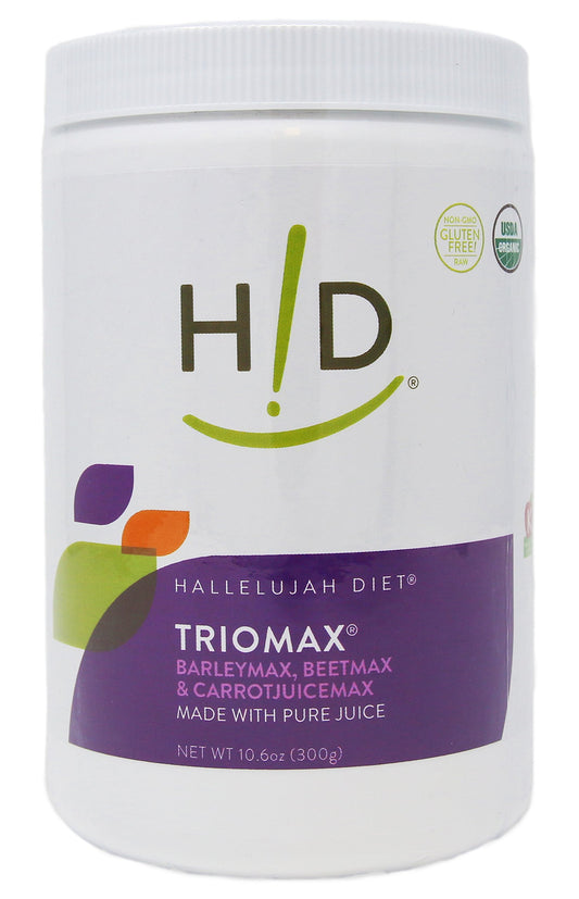 Hallelujah Diet TrioMax bottle label for daily energy support with organic ingredients.