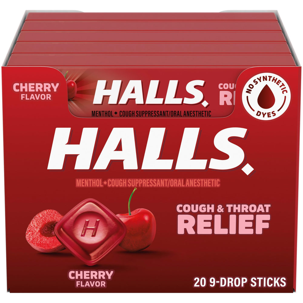 HALLS cherry cough drops packaging for on-the-go relief
