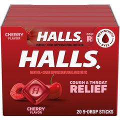 HALLS cherry cough drops packaging for on-the-go relief