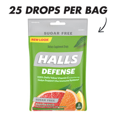 HALLS Defense citrus drops open bag showing resealable pack for on-the-go use.
