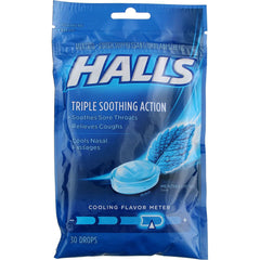 Halls Mentho-Lyptus drops lozenge close-up showing menthol cooling for quick throat relief