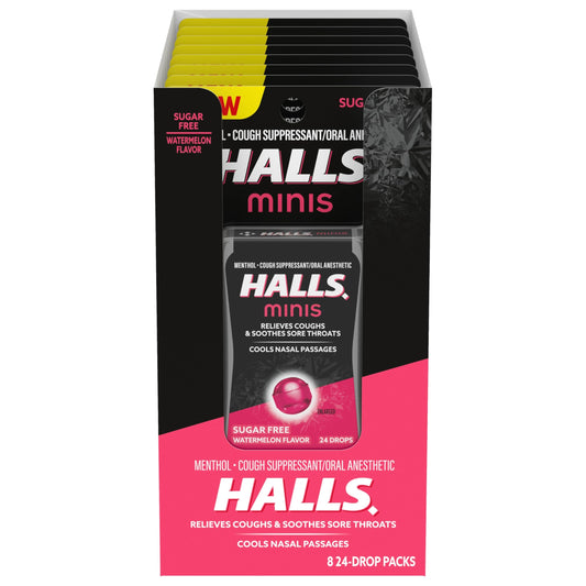 HALLS Minis Watermelon pack front view for on-the-go relief.