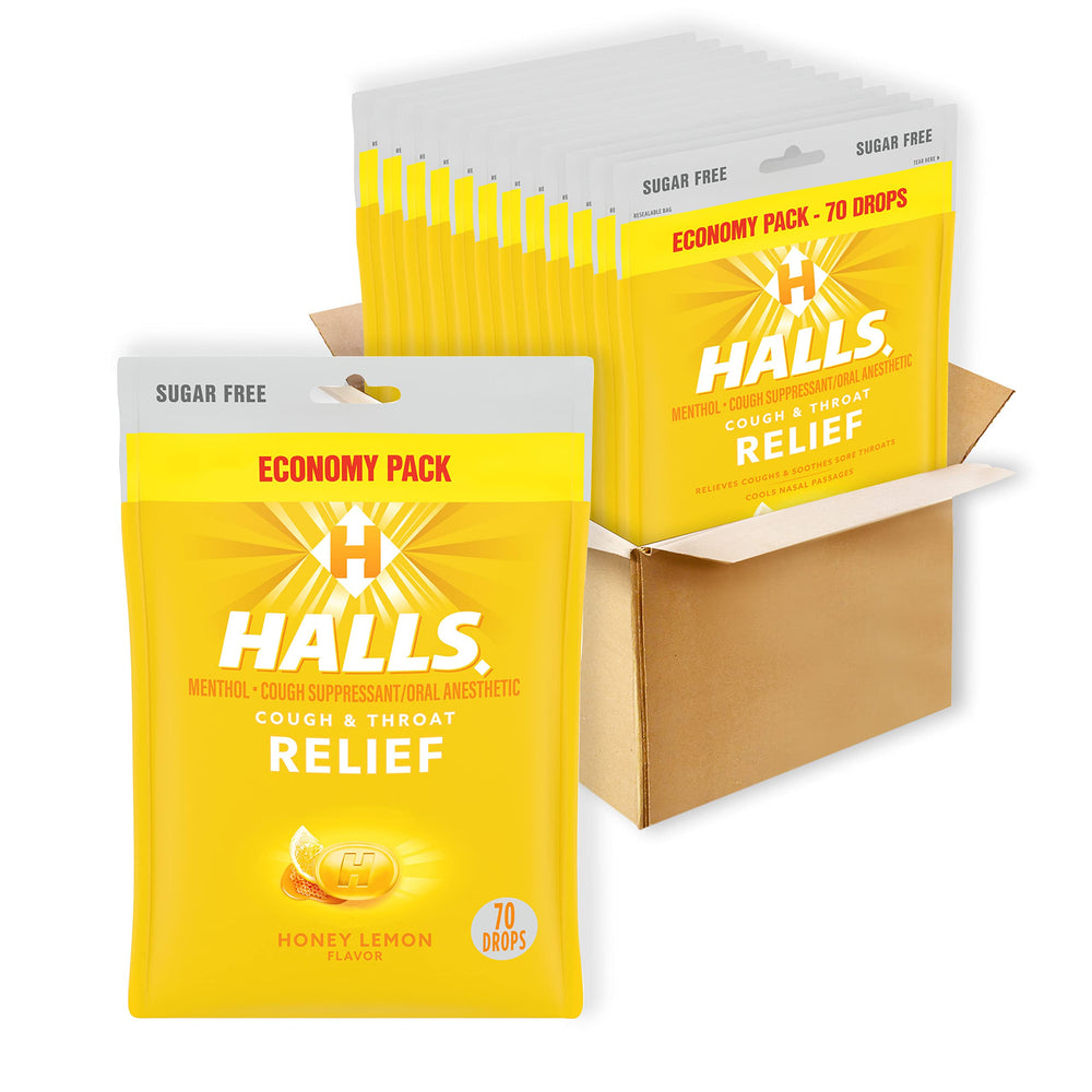 HALLS Relief honey lemon cough drops in a jar for on-the-go relief