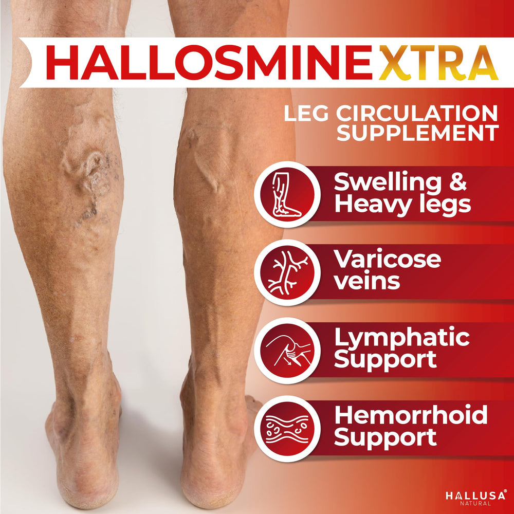 Hallusa Natural Hallosmine Xtra capsules close-up for daily leg circulation and vein support