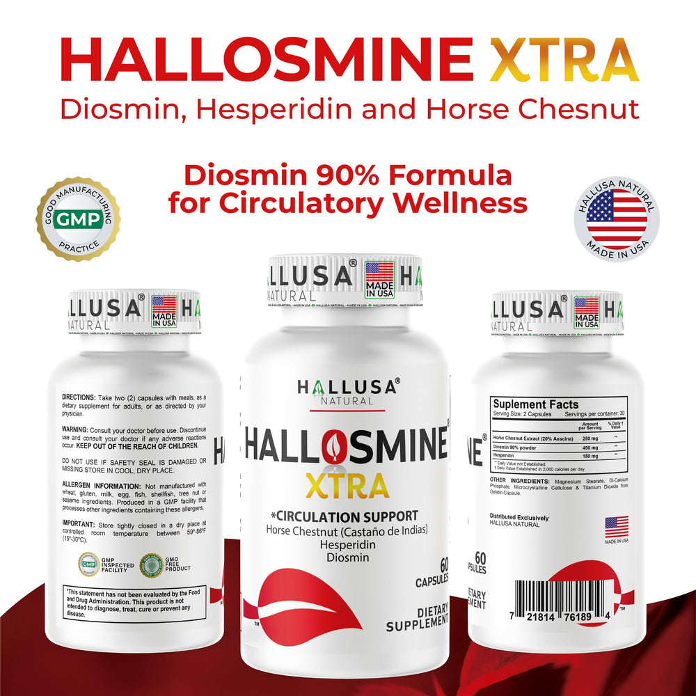 Hallusa Natural Hallosmine Xtra 60-count packaging highlighting monthly intake