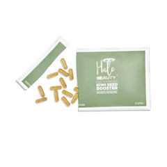 Halo Beauty Kiwi Seed Booster bottle with capsules for daily hydration and glow.