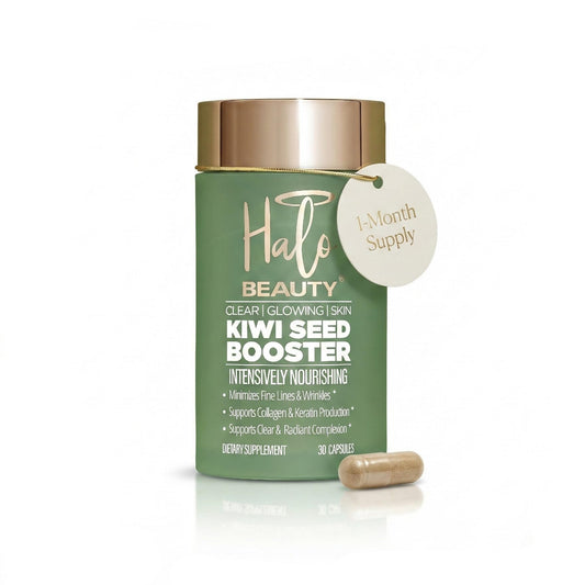 Halo Beauty Kiwi Seed Booster bottle showcases vegan capsules for daily hydration support