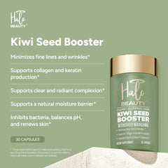Halo Beauty Kiwi Seed Booster vitamins C, D3, zinc close-up for nourishing skin.