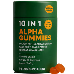 Hanachi 10-in-1 Alpha Shilajit Gummies bottle showing a potent energy support formula