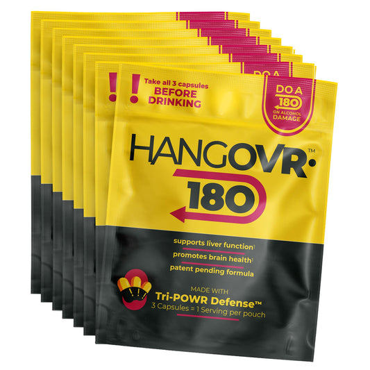 Hangovr-180 Tri-Power before drinking bottle pour showing pre-drink support for busy nights.