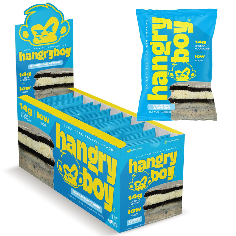Hangryboy protein cookie sandwich box showing Cookies and Cream flavor for on-the-go snacking.