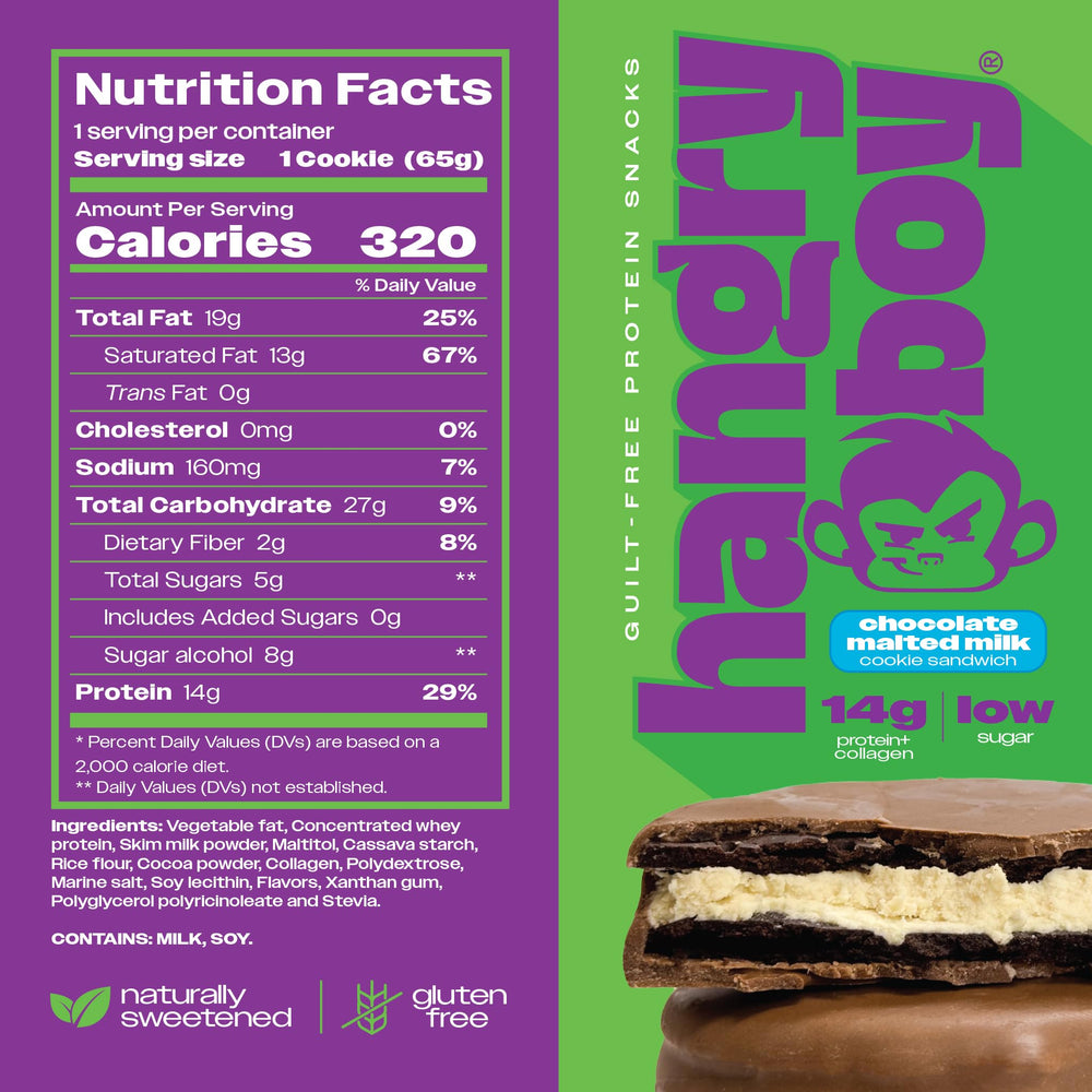 Hangryboy Protein Cookie Sandwich chocolate malted milk close-up, post-workout energy option.
