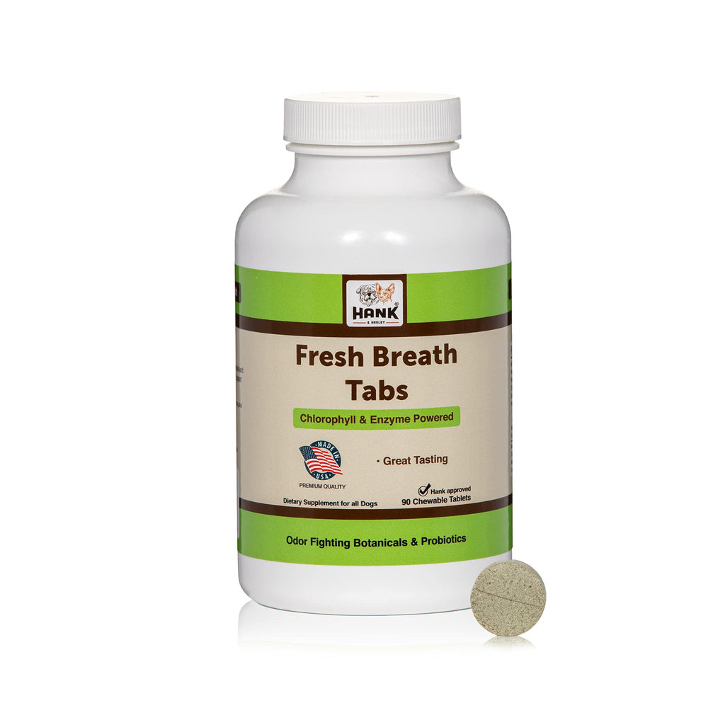 Hank and Harley Fresh Breath TABS packaging front shows a dog dental chew for fresher breath.