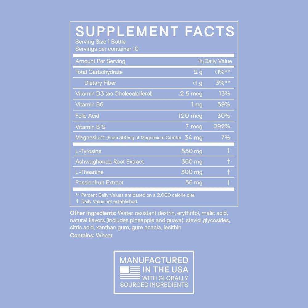 Happy Aging ashwagandha shot label highlighting adaptogenic support for calm daily feel