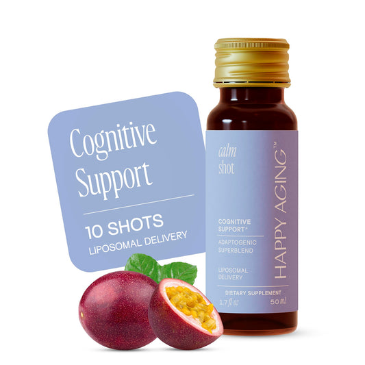 Happy Aging cortisol support shot bottle with label suggesting potential stress relief and balance