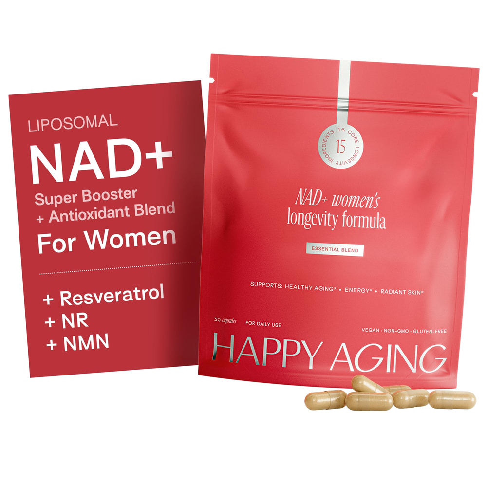 Happy Aging Essential Longevity bottle pour for easy daily dosing and vitality.
