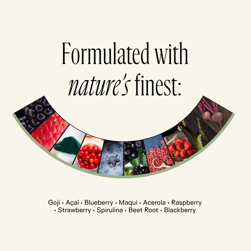 Happy Aging Essential Longevity fruit blend closeup hints at skin hydration and radiance.