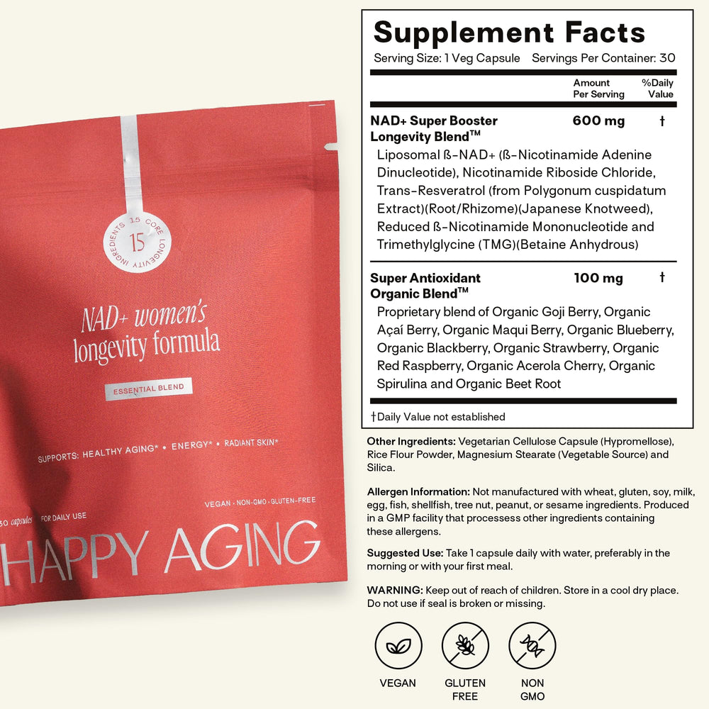 Happy Aging Essential Longevity bottle with glow-ready formula for daily vitality.