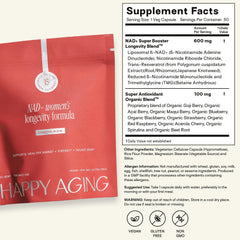 Happy Aging Essential Longevity bottle with glow-ready formula for daily vitality.