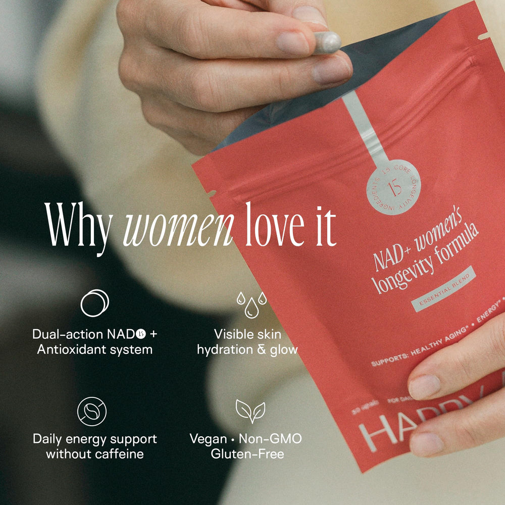 Happy Aging Essential Longevity label showing organic antioxidant blend origin.