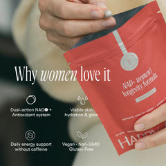 Happy Aging Essential Longevity label showing organic antioxidant blend origin.