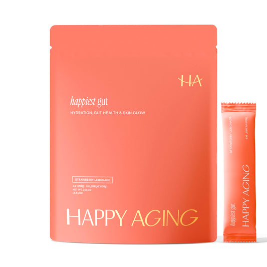 Happy Aging Happiest Gut bottle with strawberry lemonade powder for daily hydration