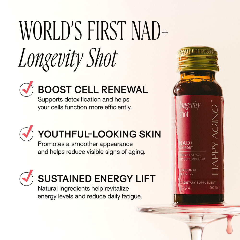 Happy Aging NAD+ shot ingredients include spinach juice powder antioxidants