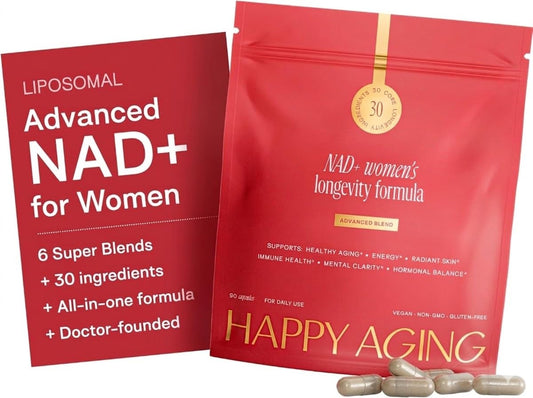 Happy Aging NAD supplement bottle front view supports daily energy and vitality.