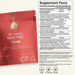 Happy Aging NAD supplement lifestyle image with water glass and vitamins.