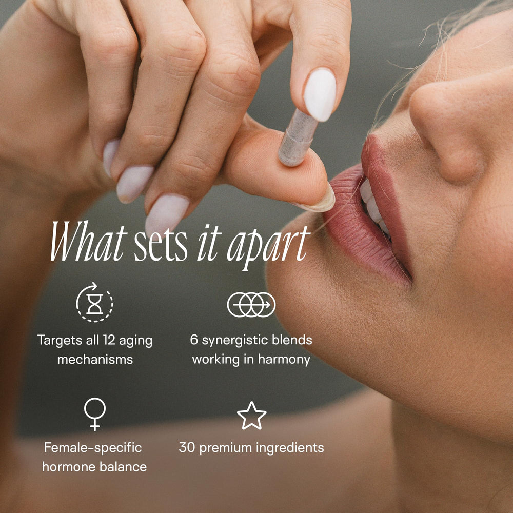 Happy Aging NAD supplement capsules close-up highlighting antioxidant ingredients for wellness.