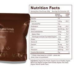 Happy Aging protein powder for women label closeup notes monk fruit sweetness and clean ingredients