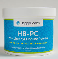 Happy Bodies HB-PC packaging shows 40% phosphatidylcholine, GMO-free formula for cellular support.