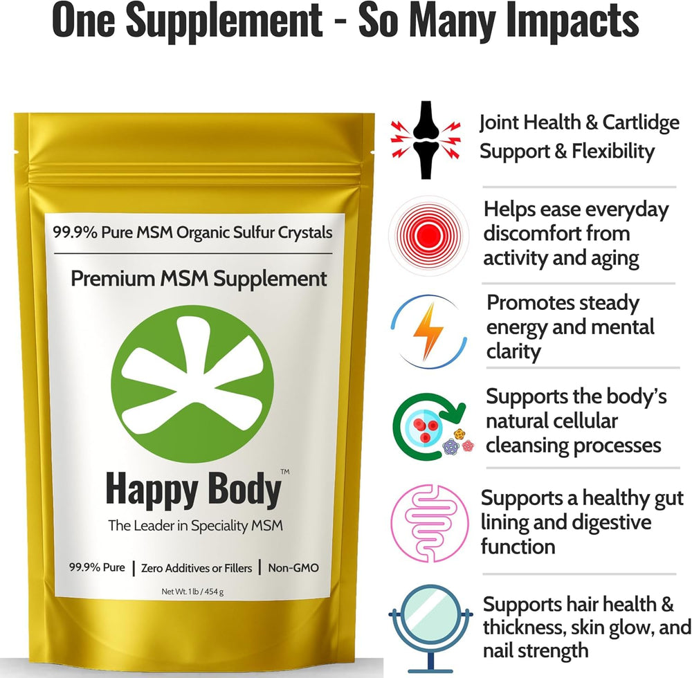 Happy Body MSM Crystals bottle, convenient daily supplement