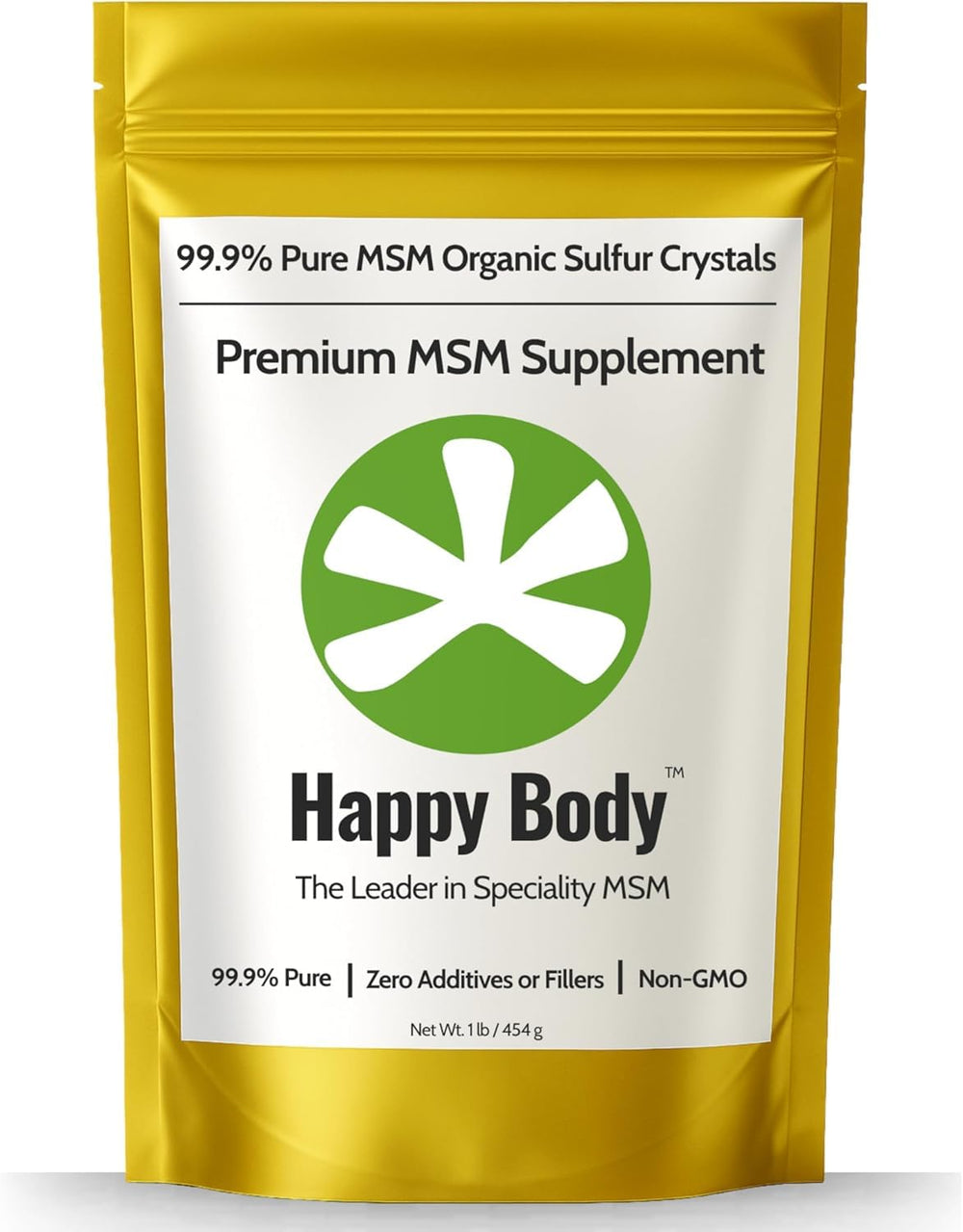 Happy Body Organic Sulfur Crystals packaging, pure MSM for clean intake