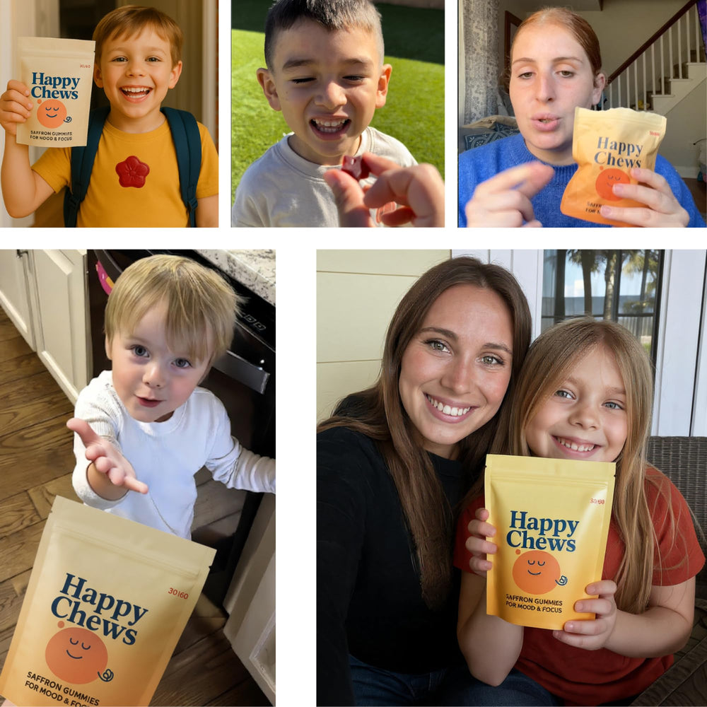 Happy Chews saffron gummies for kids pack shot displays packaging