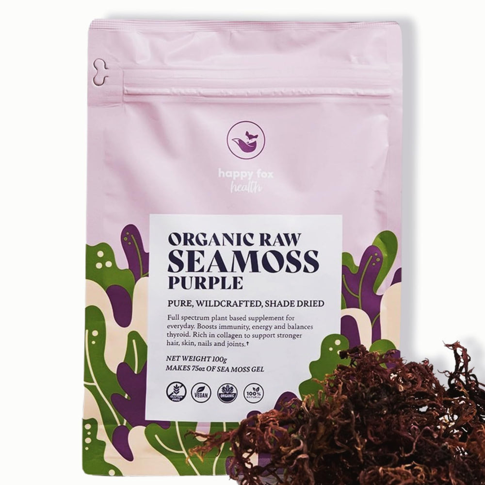 Happy Fox Organic Purple Sea Moss raw bag, a nutrient rich base for gel