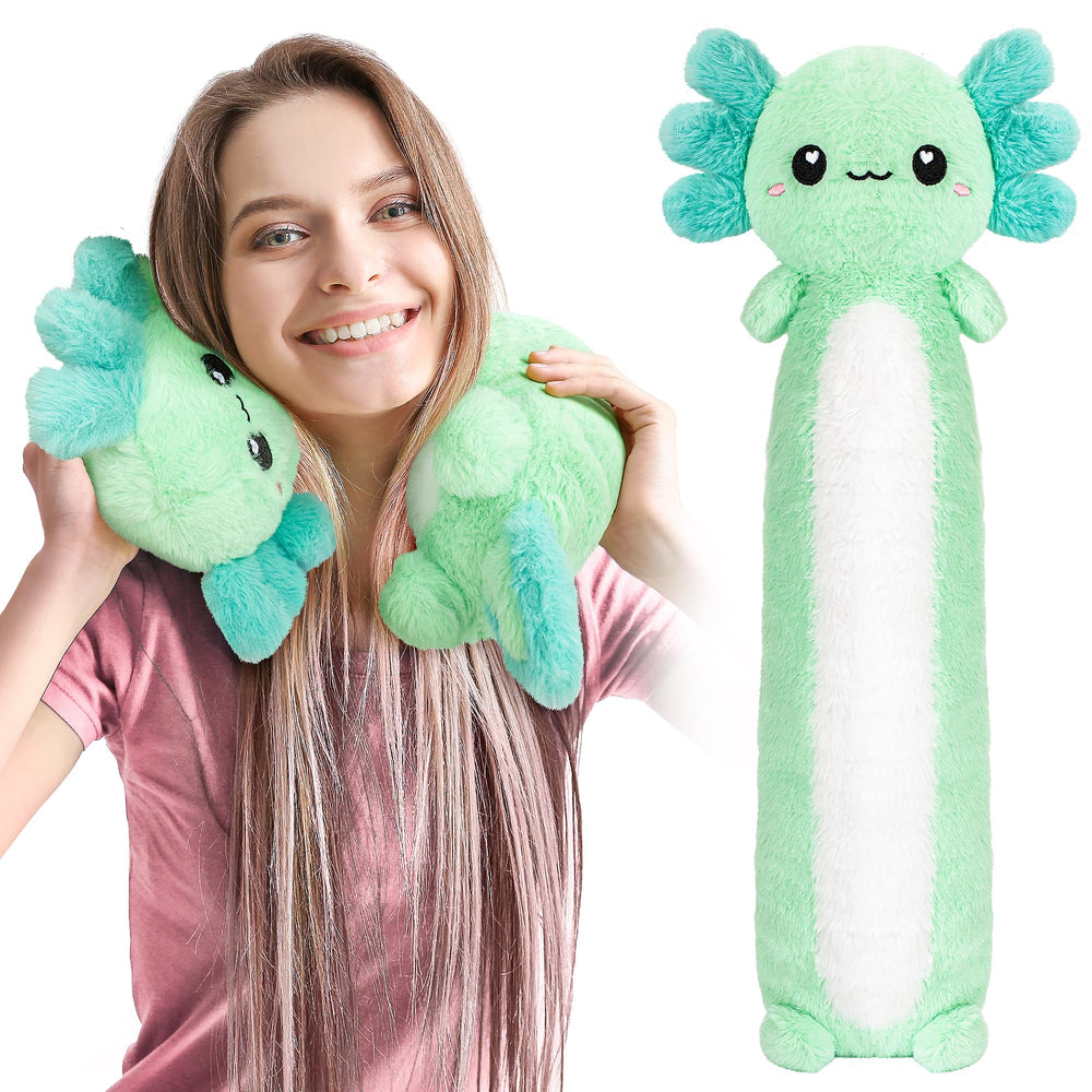 Happy Fuel Axolotl heating pad neck wrap close-up shows plush fabric and warmth.