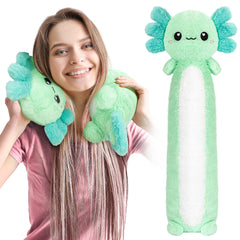 Happy Fuel Axolotl heating pad neck wrap close-up shows plush fabric and warmth.
