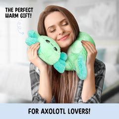 Happy Fuel Axolotl plush heat pad in use on shoulders for relief.