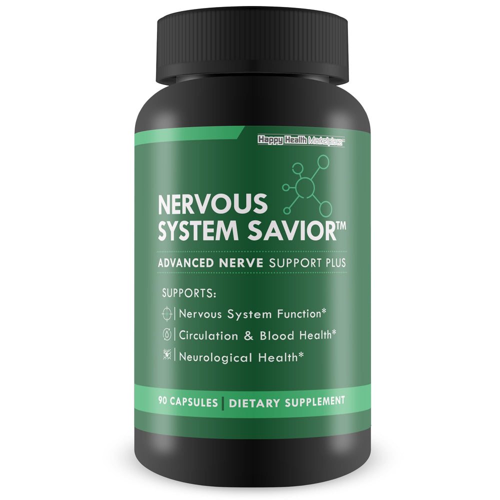 Happy Health Nervous System Savior bottle label for daily nerve wellness support