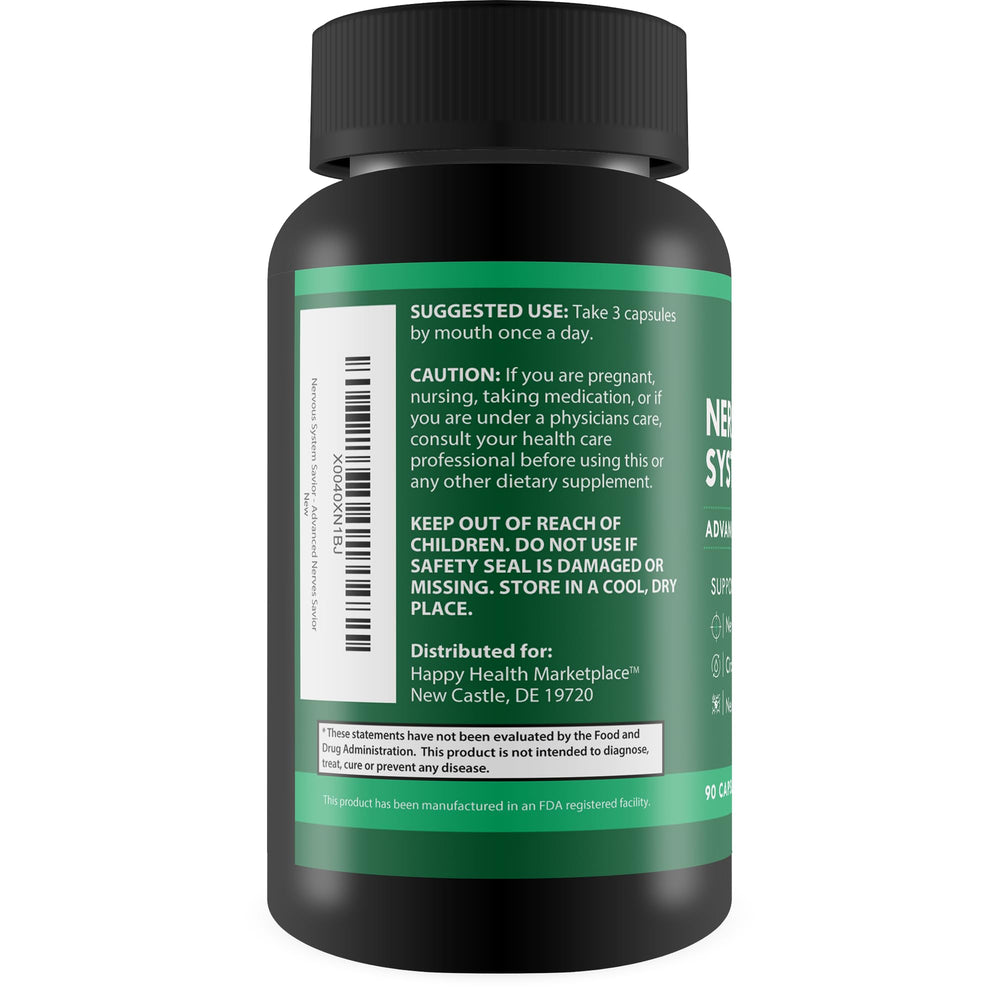 Happy Health Nervous System Savior capsules arranged neatly for daily routines