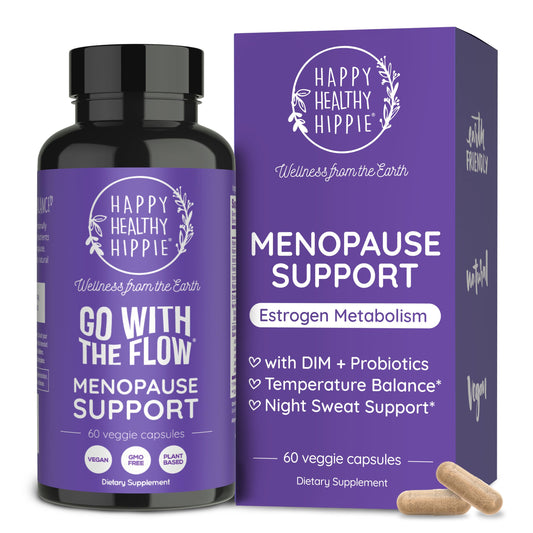 Happy Healthy Hippie Go With The Flow menopause bottle for comfort during perimenopause.