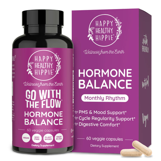 Happy Healthy Hippie hormone balance bottle supports steady cycles and daily wellness.