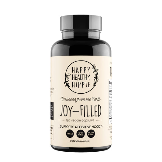 Happy Healthy Hippie Joy-Filled bottle front shows calming mood support for daily balance