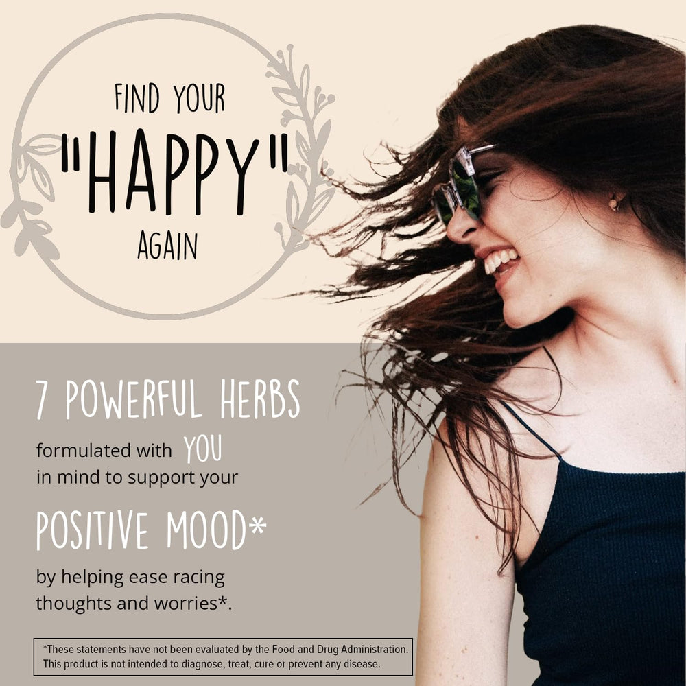 Happy Healthy Hippie Joy-Filled bottle label closeup highlights herbal blend for mood balance