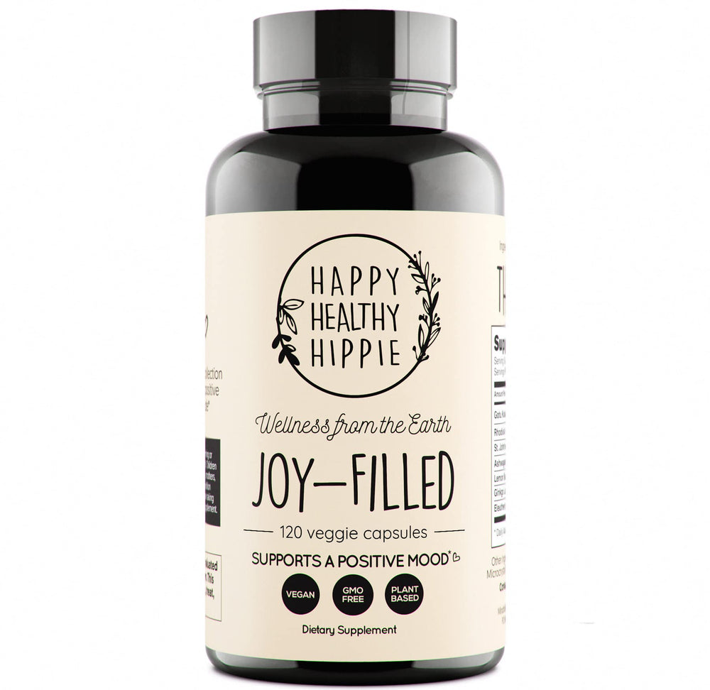 Happy Healthy Hippie Joy-Filled mood support bottle label highlights calming potential