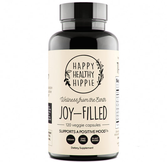 Happy Healthy Hippie Joy-Filled mood support bottle label highlights calming potential