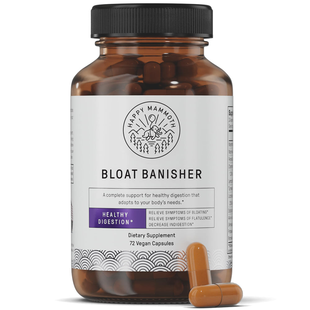 Happy Mammoth Bloat Banisher bottle front promotes easier digestion after meals