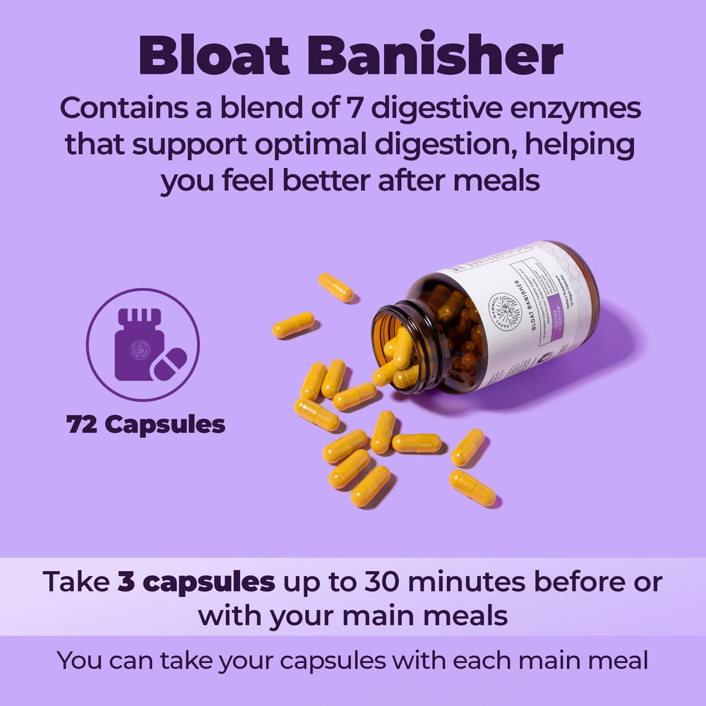 Happy Mammoth Bloat Banisher capsules on jar emphasize easy daily use