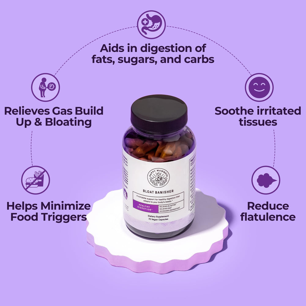 Happy Mammoth Bloat Banisher ingredients scene highlights natural enzymes for comfort